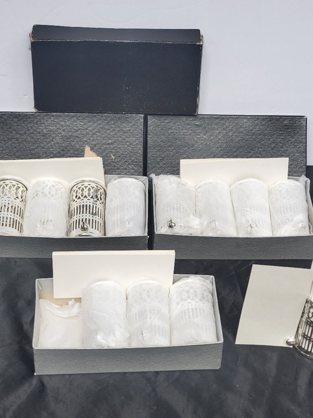 VINTAGE JAPAN SILVER FILIGREE MENU PLACE CARD HOLDERS + TOOTHPICK HOLDERS 12pc